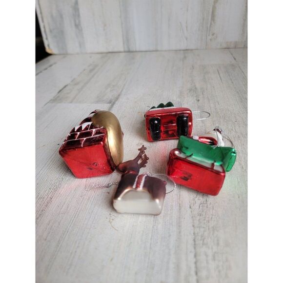 Blown glass Santa Claus chimney red card tree reindeer sleigh set ornament Xmas - Picture 7 of 7